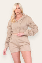 Ruched Sleeves Cropped Zip Up Front Elasticated Hem Hooded & Shorts Fleece Co-Ord Set - AX Labels