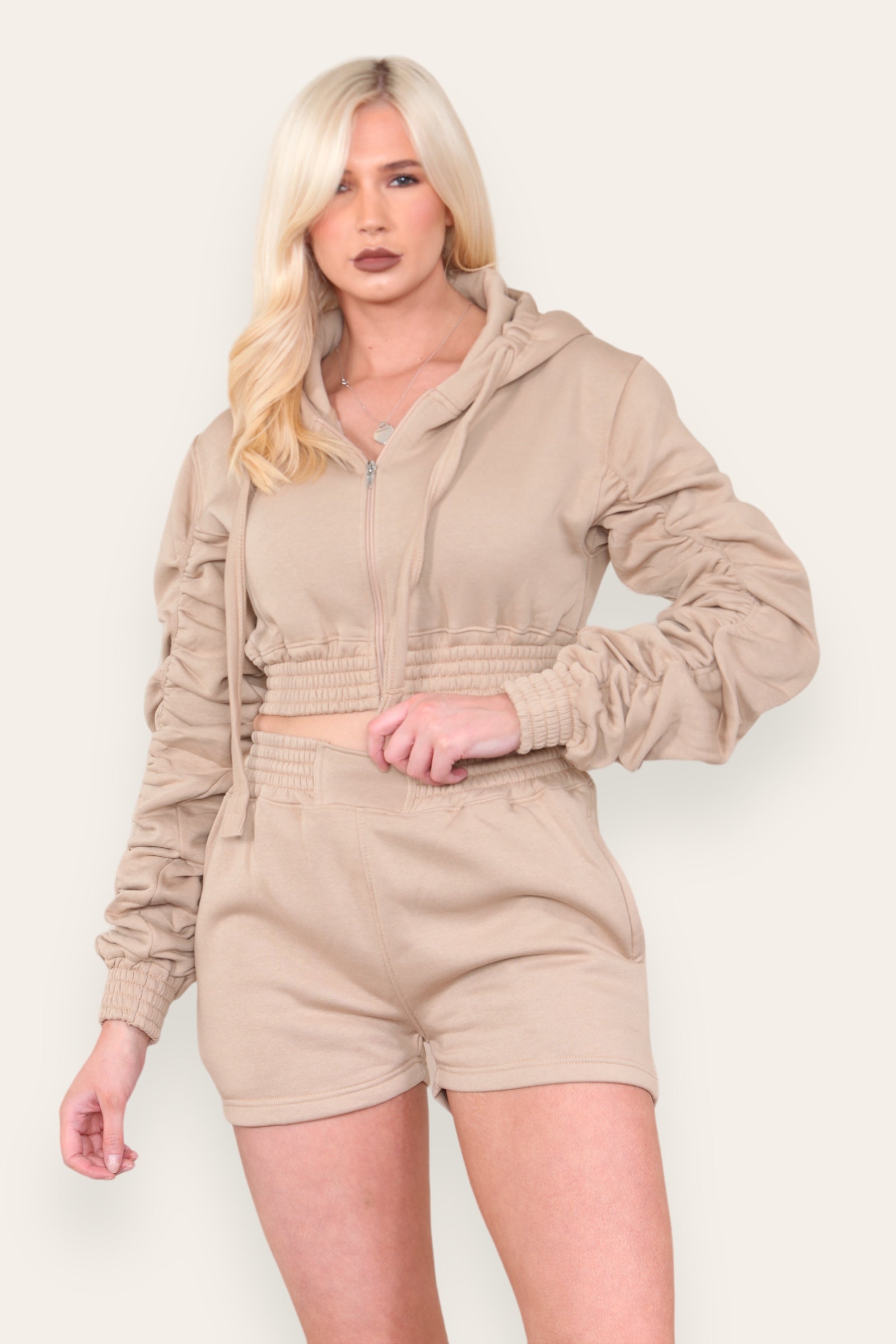 Ruched Sleeves Cropped Zip Up Front Elasticated Hem Hooded & Shorts Fleece Co-Ord Set - AX Labels