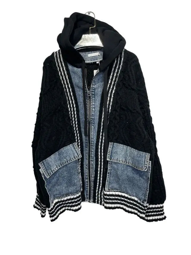 AURA – Hybrid zip-up jacket in cable knit and denim