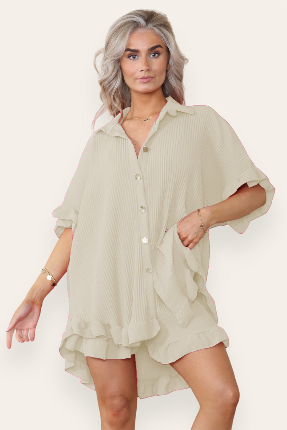 Women’s Casual Oversized Gold Button Pleated Frilled Ruffle Short Sleeves Shirt Top and Short Co-Ord Set - AX Labels