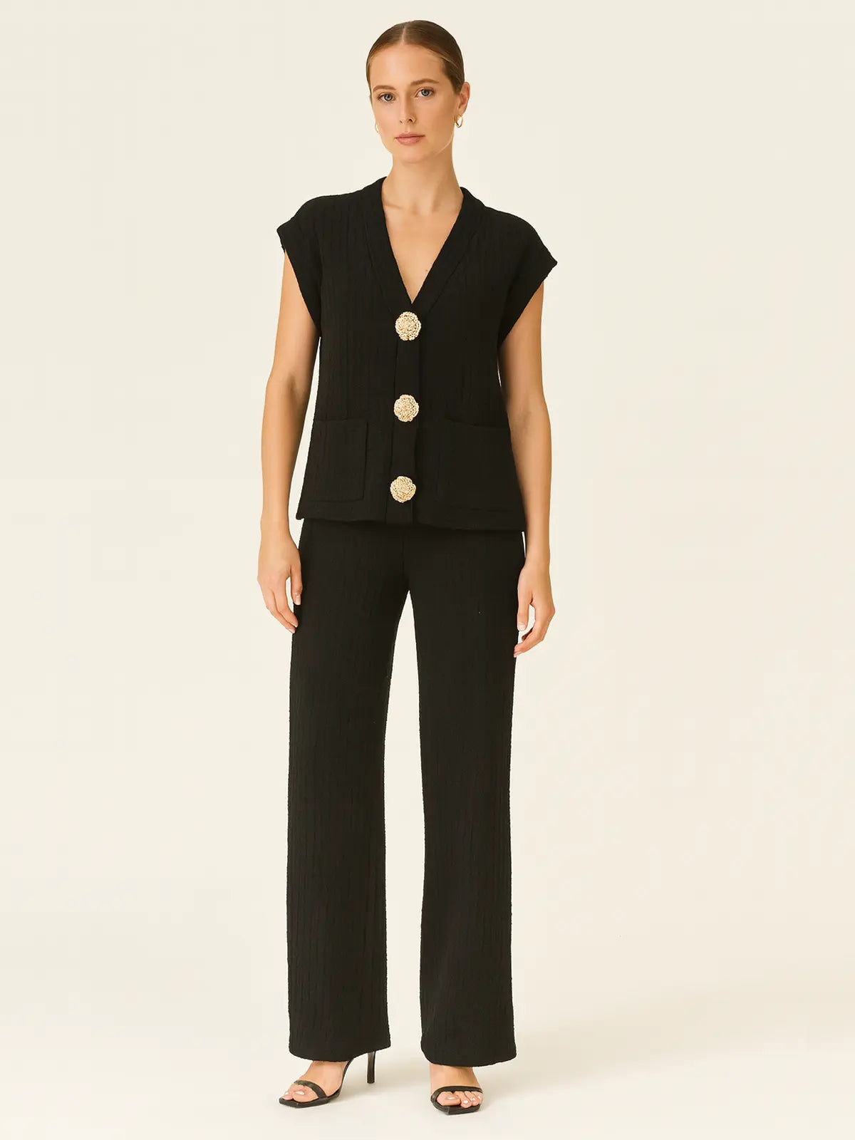 3-Gold Button Short Sleeve Set