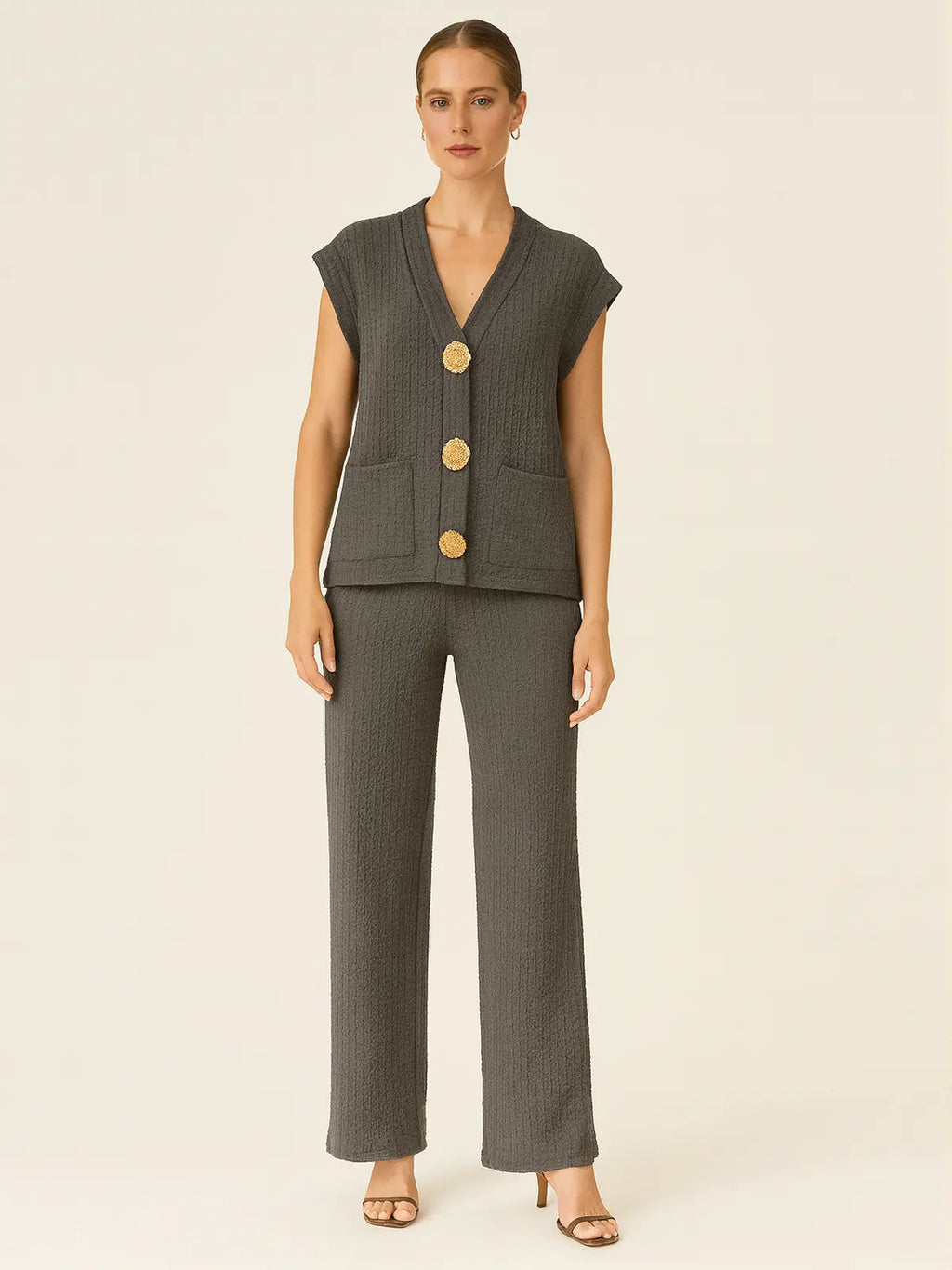 3-Gold Button Short Sleeve Set