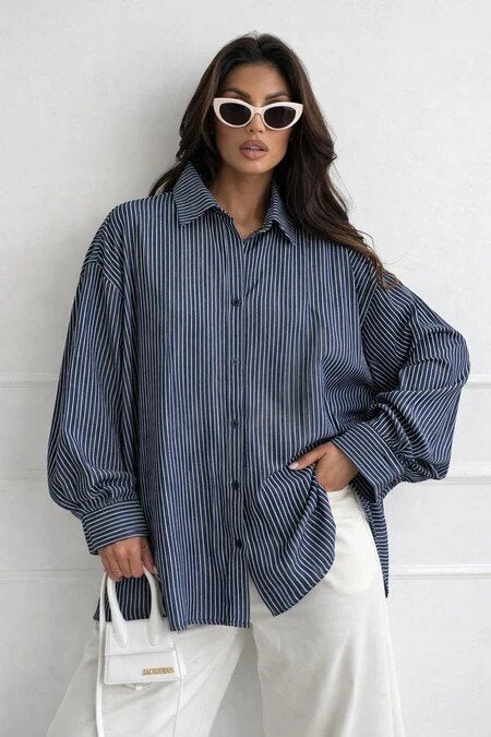 Oversized loose fit striped cotton shirt