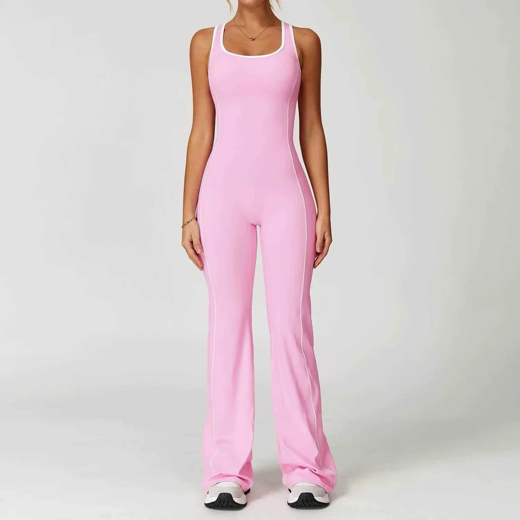 Flared Open Back Jumpsuit with Push-up Butt – Contrast Details