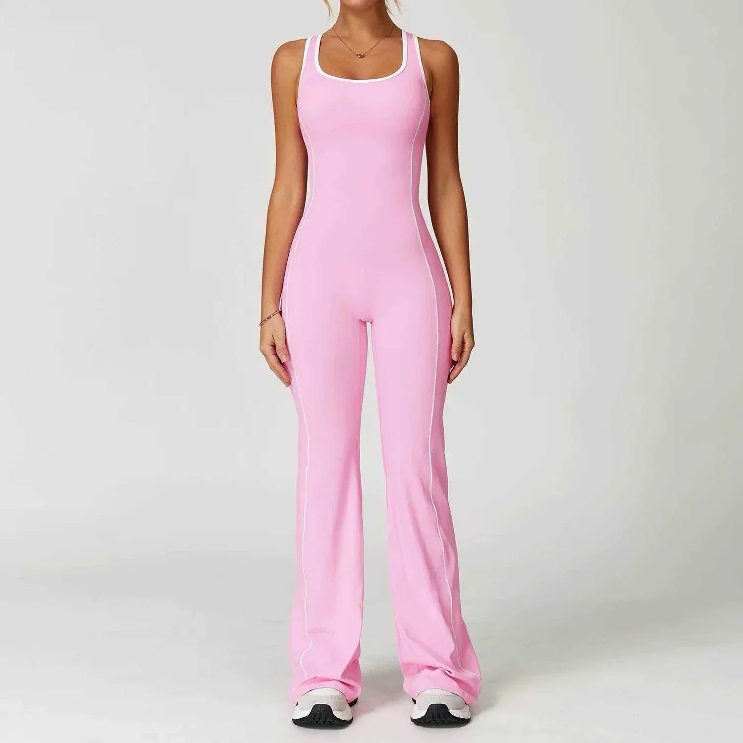 Flared Open Back Jumpsuit with Push-up Butt – Contrast Details