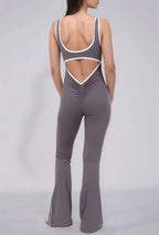 Flared Open Back Jumpsuit with Push-up Butt – Contrast Details