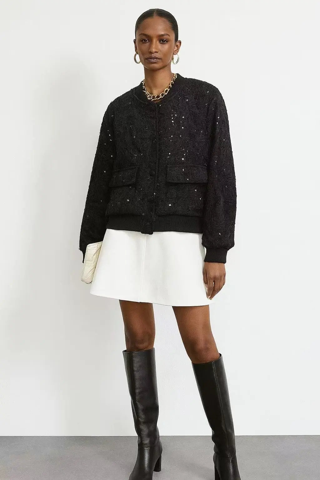DENVER – Short textured knit jacket with sequins