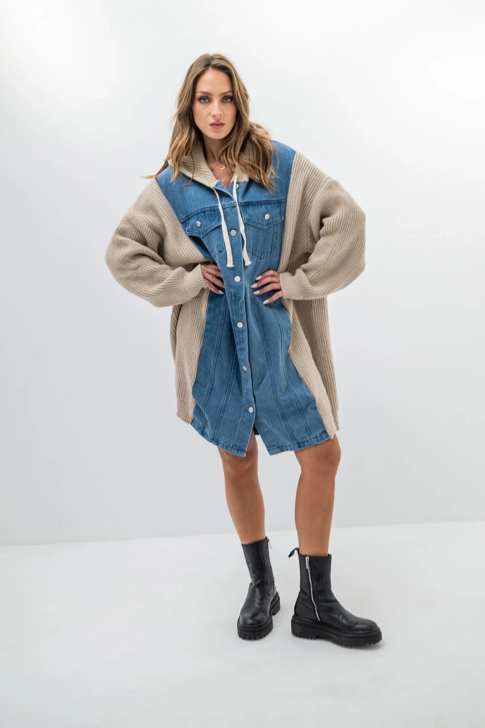 DENVER – Oversized denim and knit hoodie jacket