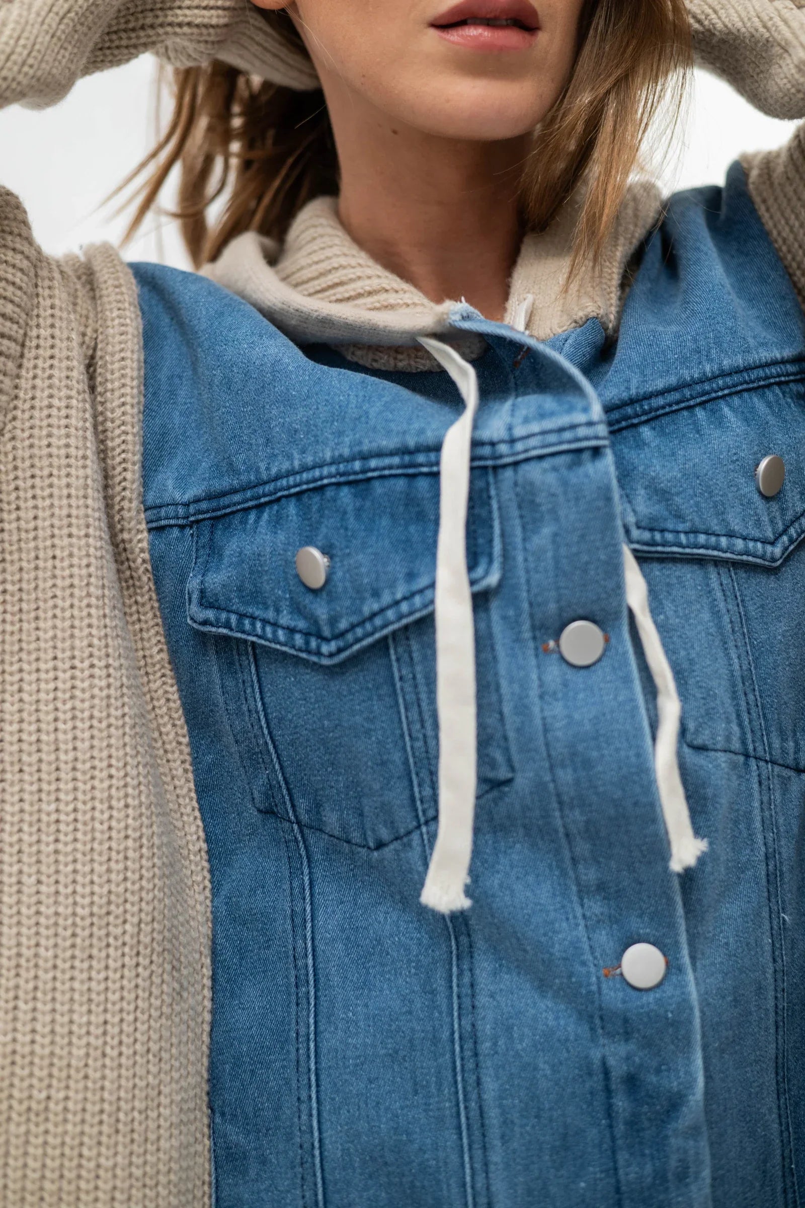 DENVER – Oversized denim and knit hoodie jacket