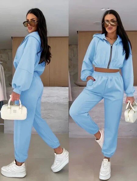 Casual chic set – Zip-up hooded jacket and elastic waist pants