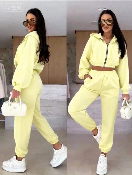 Casual chic set – Zip-up hooded jacket and elastic waist pants