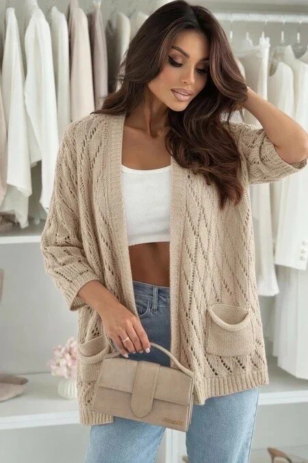 Openwork knit cardigan with 3/4 sleeves – Loose fit