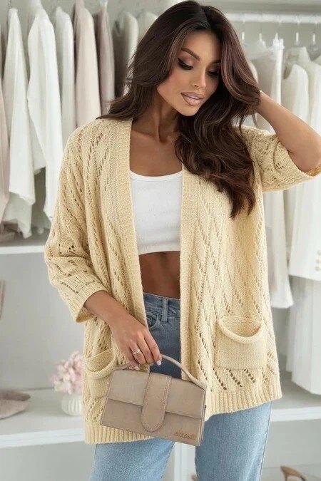 Openwork knit cardigan with 3/4 sleeves – Loose fit