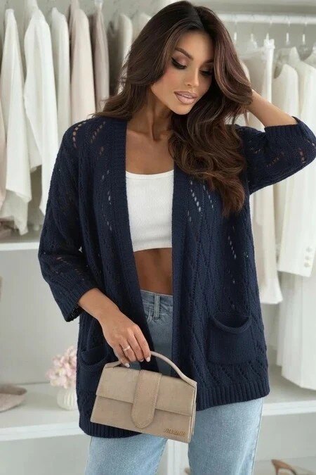 Openwork knit cardigan with 3/4 sleeves – Loose fit