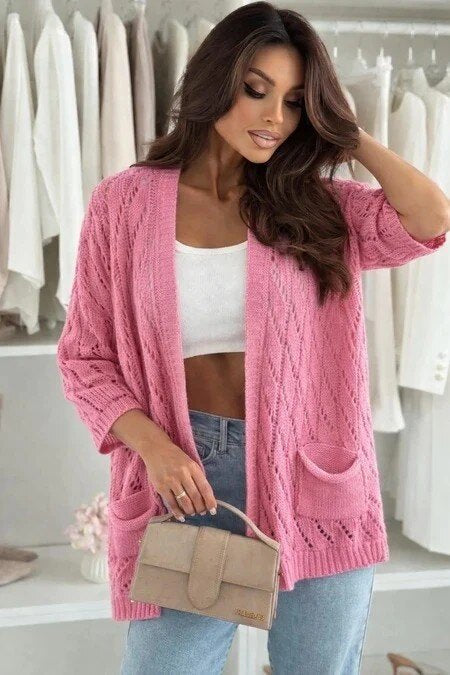 Openwork knit cardigan with 3/4 sleeves – Loose fit