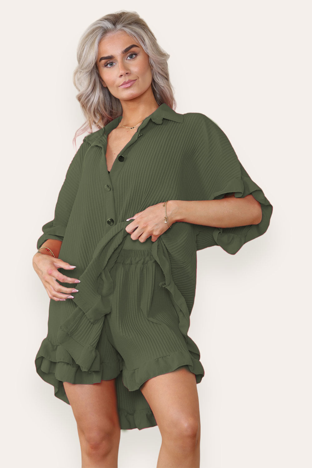 Women's Gold Button Pleated Dress & Shorts Co-ord Set - Collared Frill Top, Summer Outfit