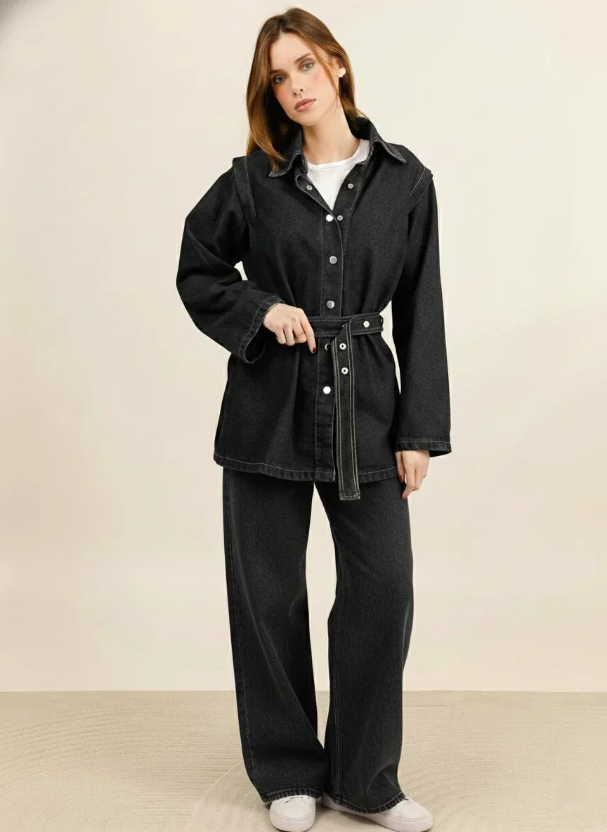 DENVER – Belted oversized denim set