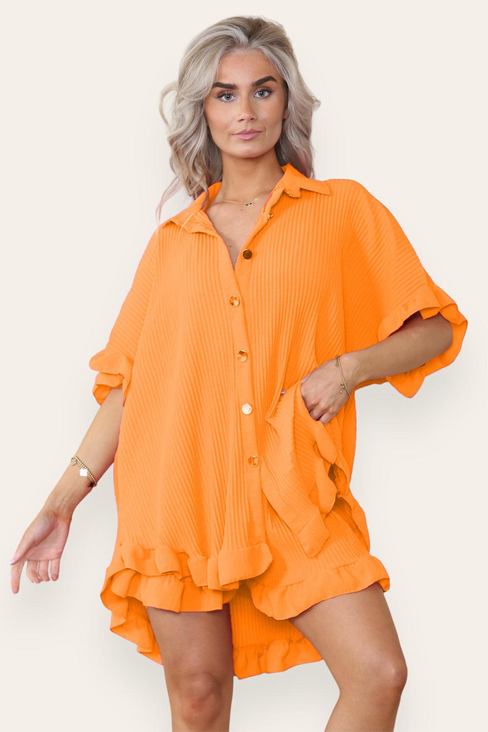 Women’s Casual Oversized Gold Button Pleated Frilled Ruffle Short Sleeves Shirt Top and Short Co-Ord Set - AX Labels