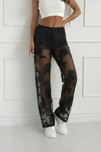 Flower embroidered tulle pants short lining