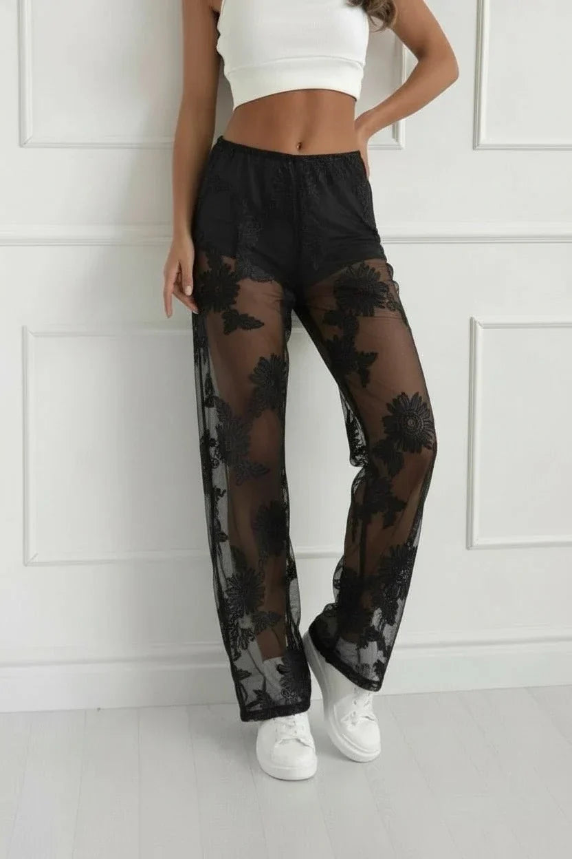 Flower embroidered tulle pants short lining