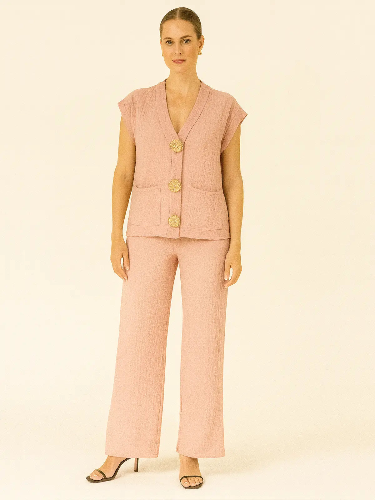 3-Gold Button Short Sleeve Set