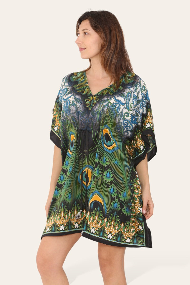 Peacock Feather Print Short Caftan Dress