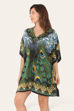 Peacock Feather Print Short Caftan Dress