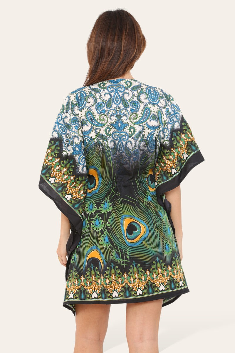 Peacock Feather Print Short Caftan Dress