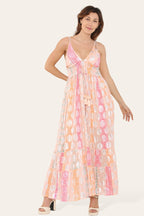 Elegant Long Strappy Dress with Silver Circular Print