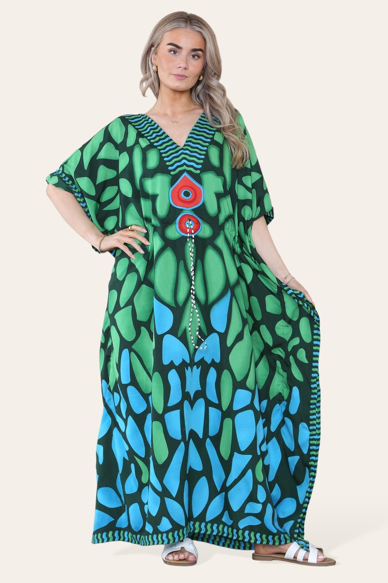 Long Dress with V-neck and Bold Abstract Print