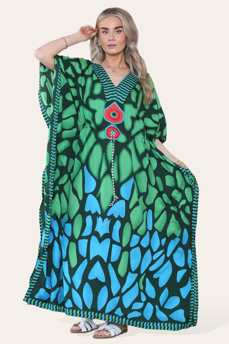 Long Dress with V-neck and Bold Abstract Print