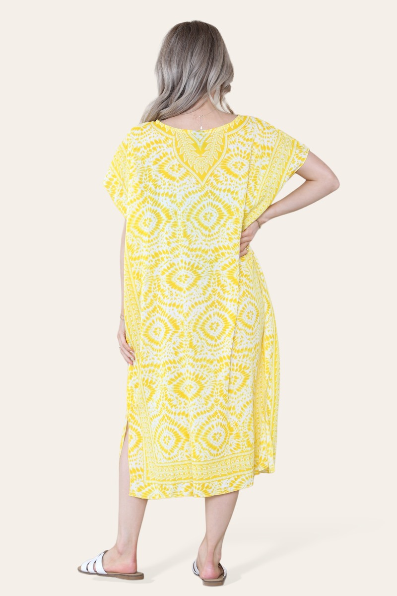 Mid-Length Dress with V-neck and Tie-Dye Print