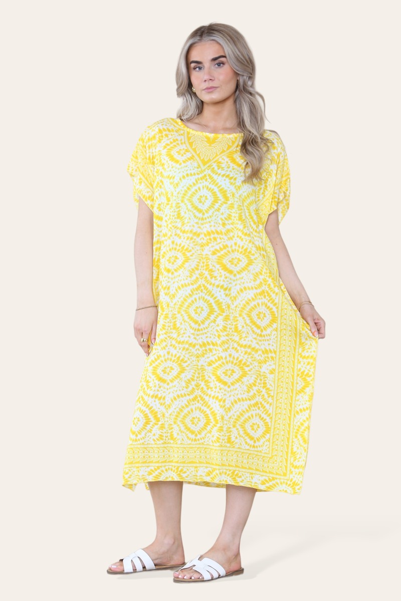 Mid-Length Dress with V-neck and Tie-Dye Print