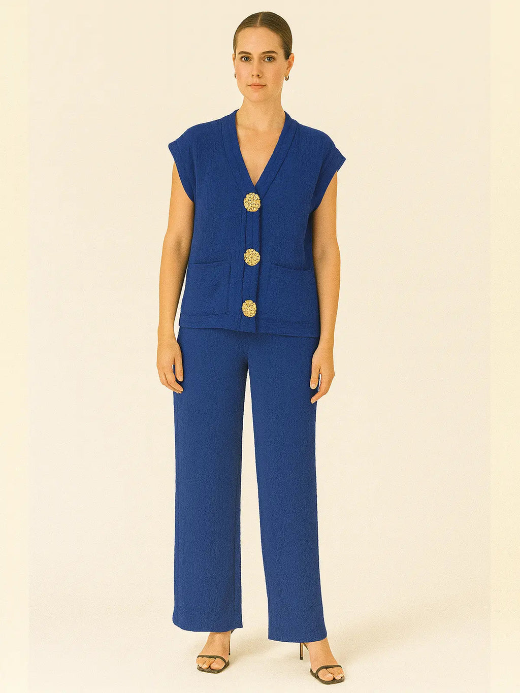 3-Gold Button Short Sleeve Set