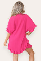 Women’s Casual Oversized Gold Button Pleated Frilled Ruffle Short Sleeves Shirt Top and Short Co-Ord Set - AX Labels