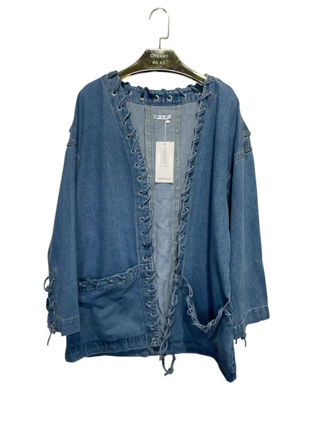 Denim jacket with decorative lacing, trendy relaxed fit