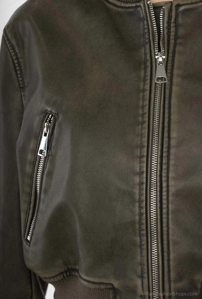 Leather teddy jacket with silver zips