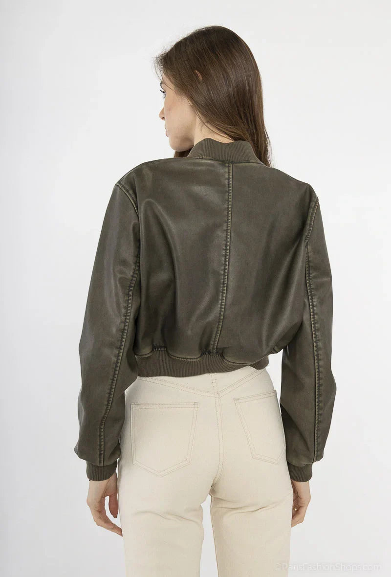 Leather teddy jacket with silver zips