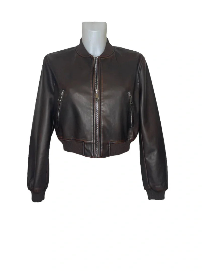 Leather teddy jacket with silver zips